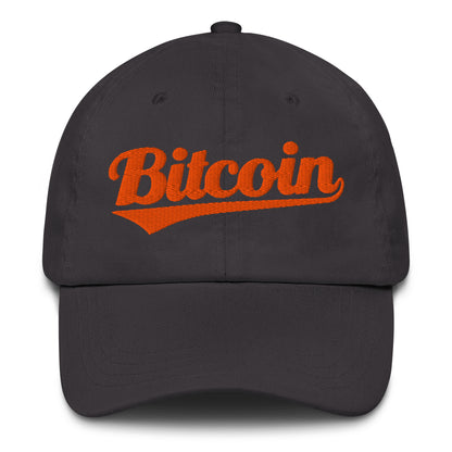 grey cap with orange baseball style 'Bitcoin' text on a white background