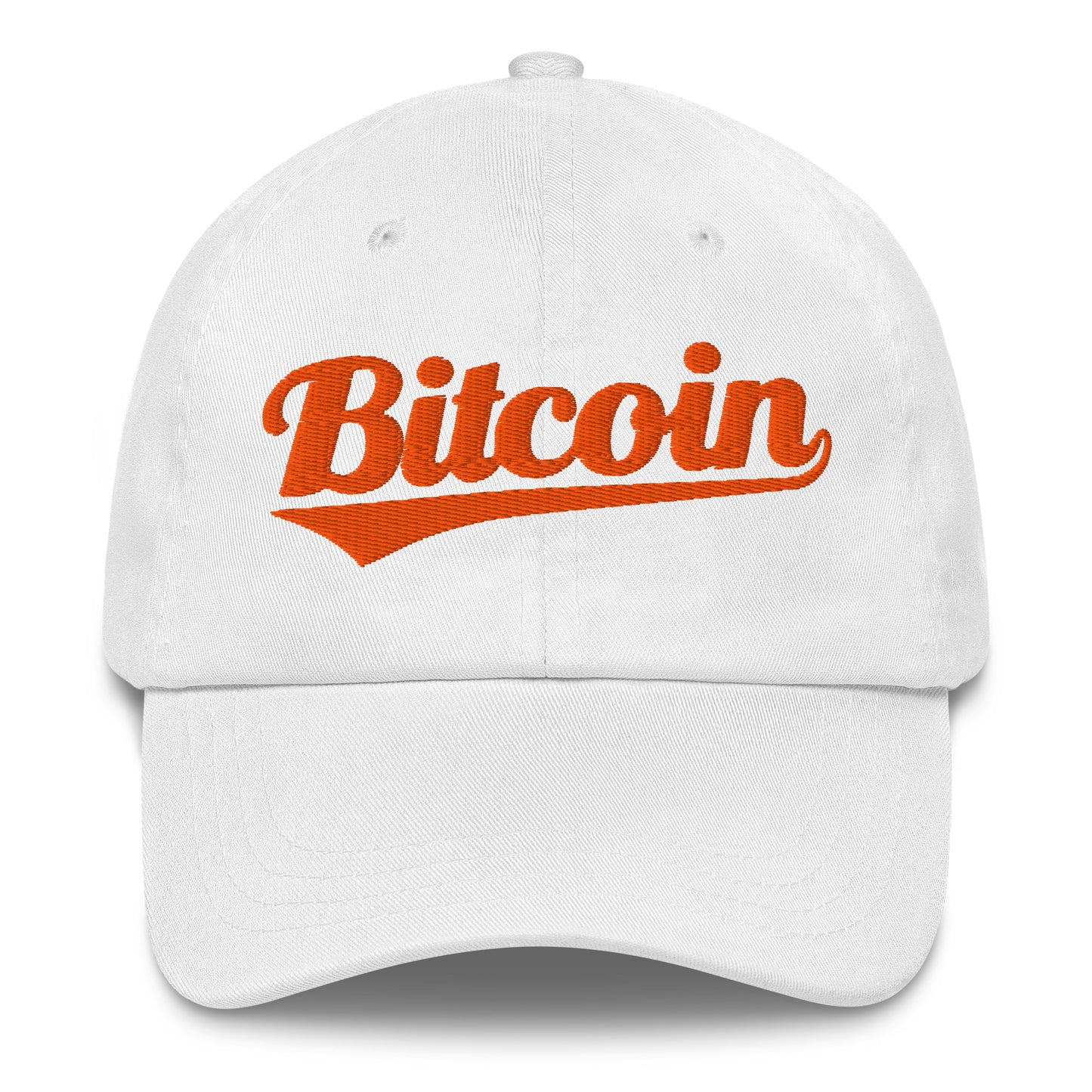 White cap with baseball style 'Bitcoin' in red text on a white background