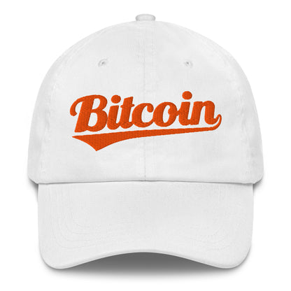 White cap with baseball style 'Bitcoin' in red text on a white background