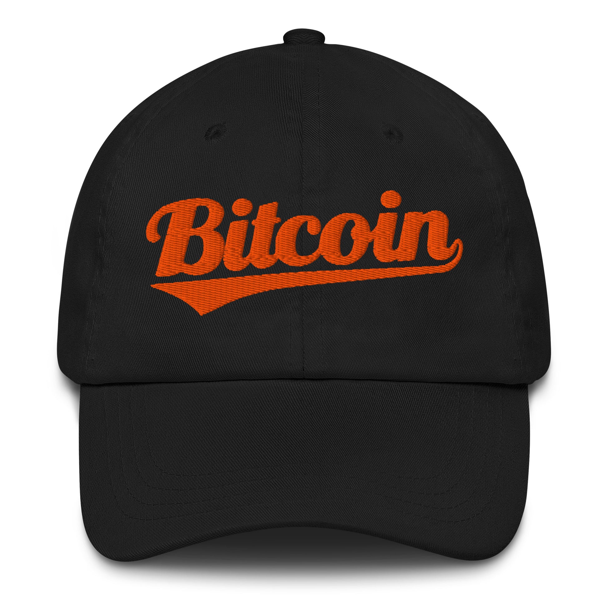 Black cap with orange baseball style 'Bitcoin' text on a white background