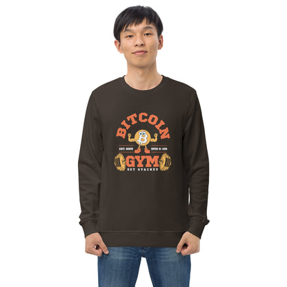 Person wearing a dark grey sweatshirt with Bitcoin Gym graphic on a white background