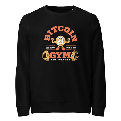 Black sweatshirt with Bitcoin Gym graphic design on a white background