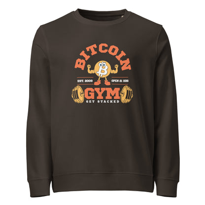 Grey sweatshirt with Bitcoin Gym graphic on a white background