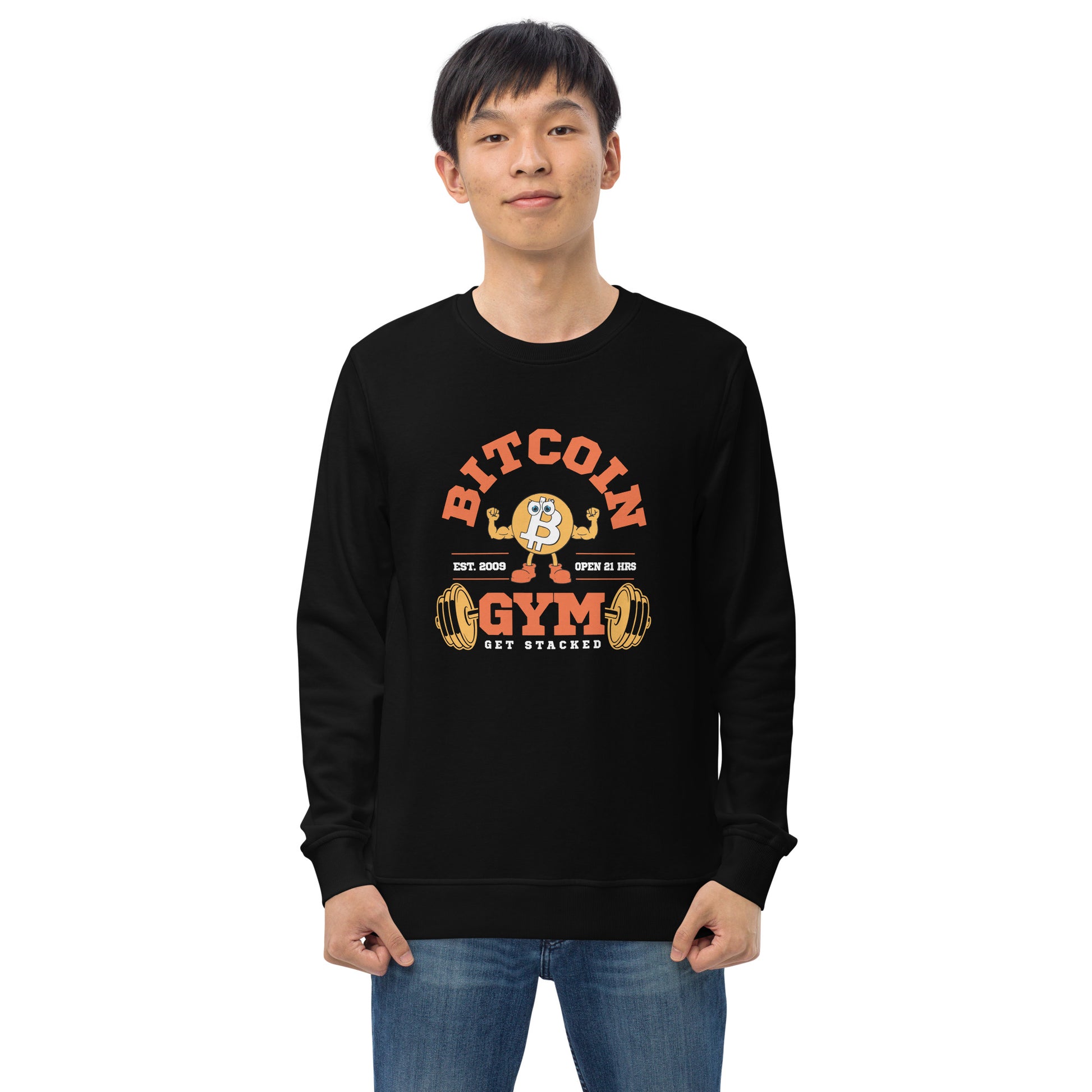 Person wearing a black sweatshirt with Bitcoin Gym graphic on a white background