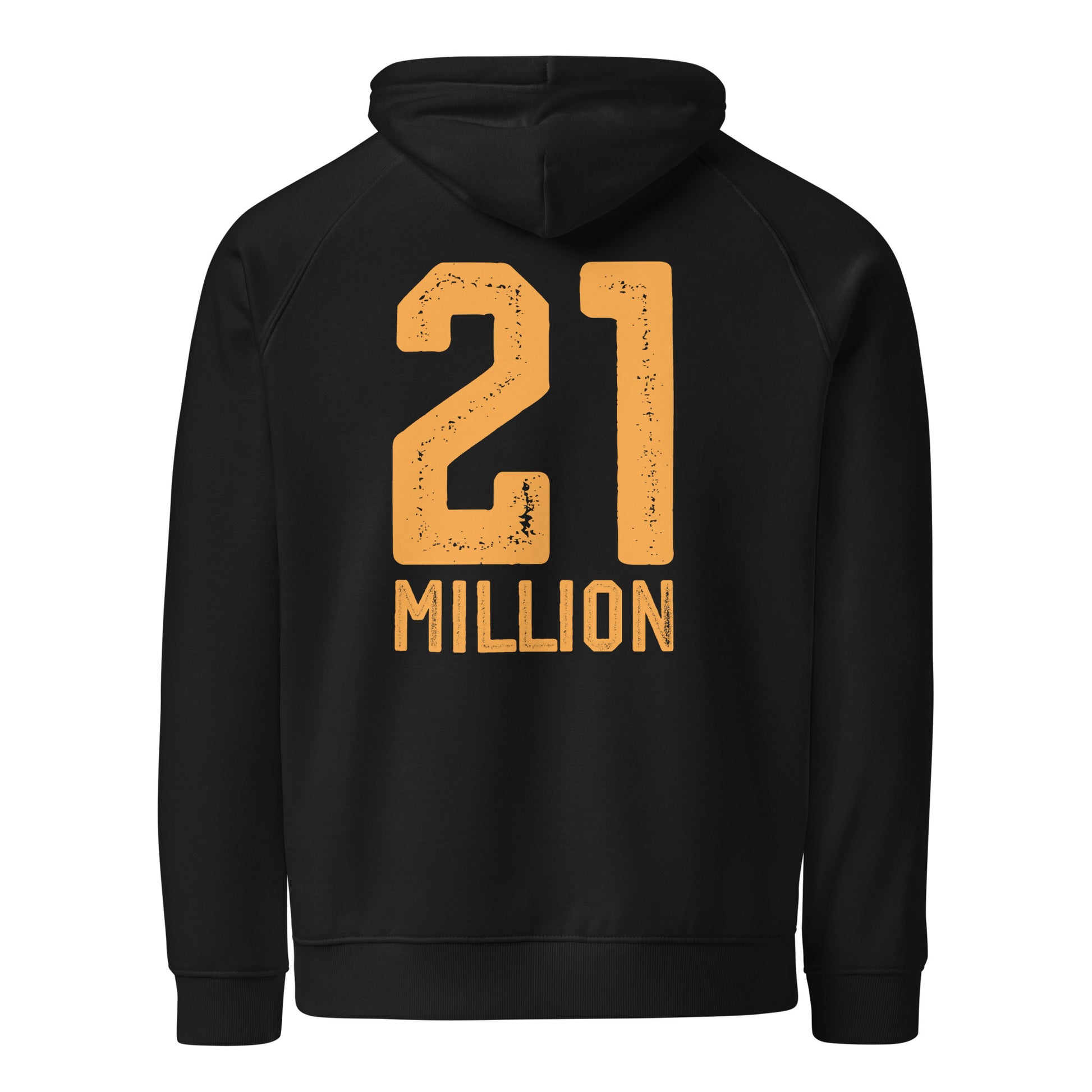 Black hoodie with '21 Million' printed in yellow on the back against a white background