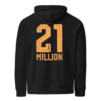 Black hoodie with '21 Million' printed in yellow on the back against a white background