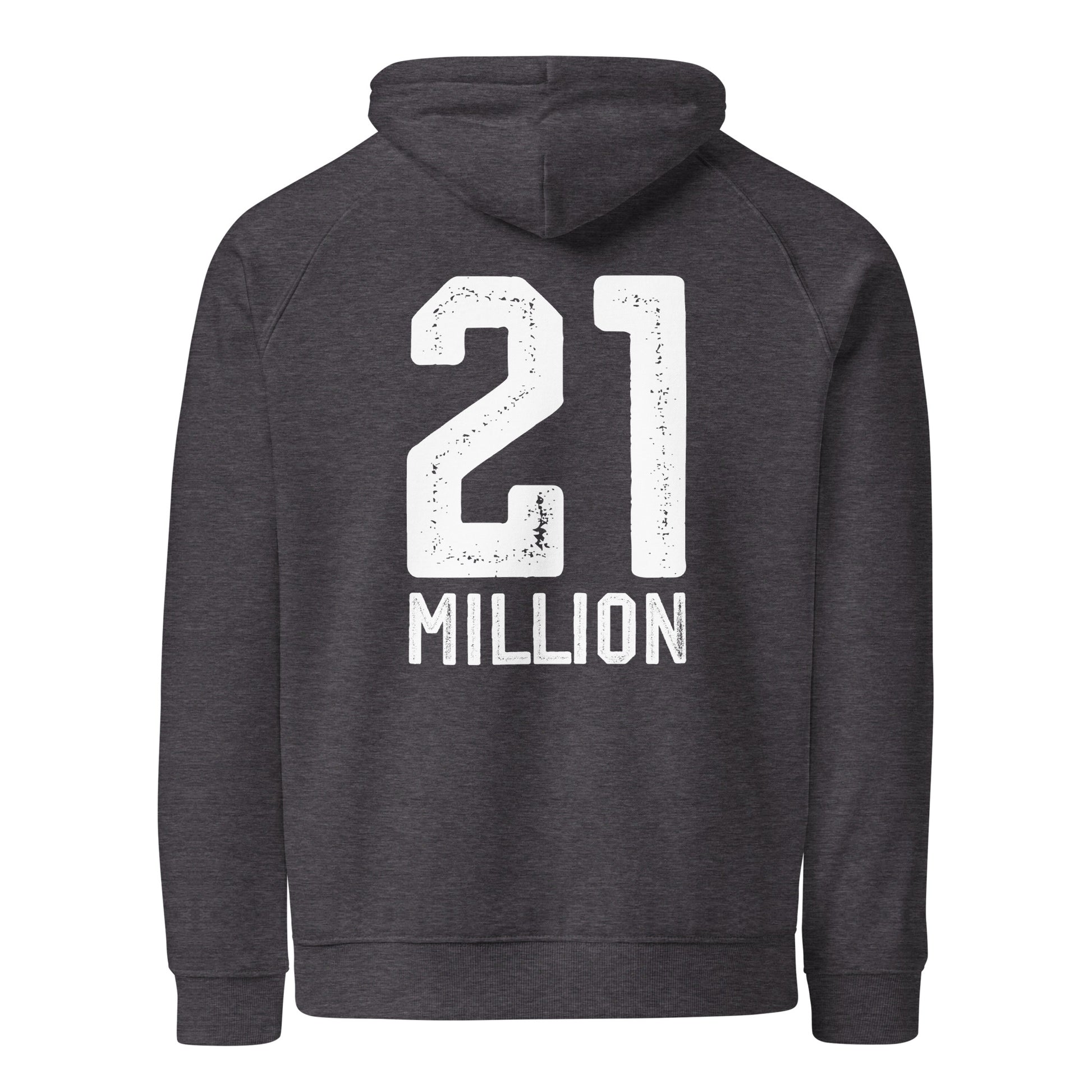 Dark gray hoodie with '21 Million' printed on the back against a white background