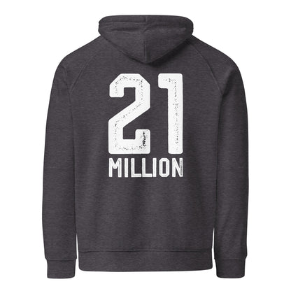 Dark gray hoodie with '21 Million' printed on the back against a white background