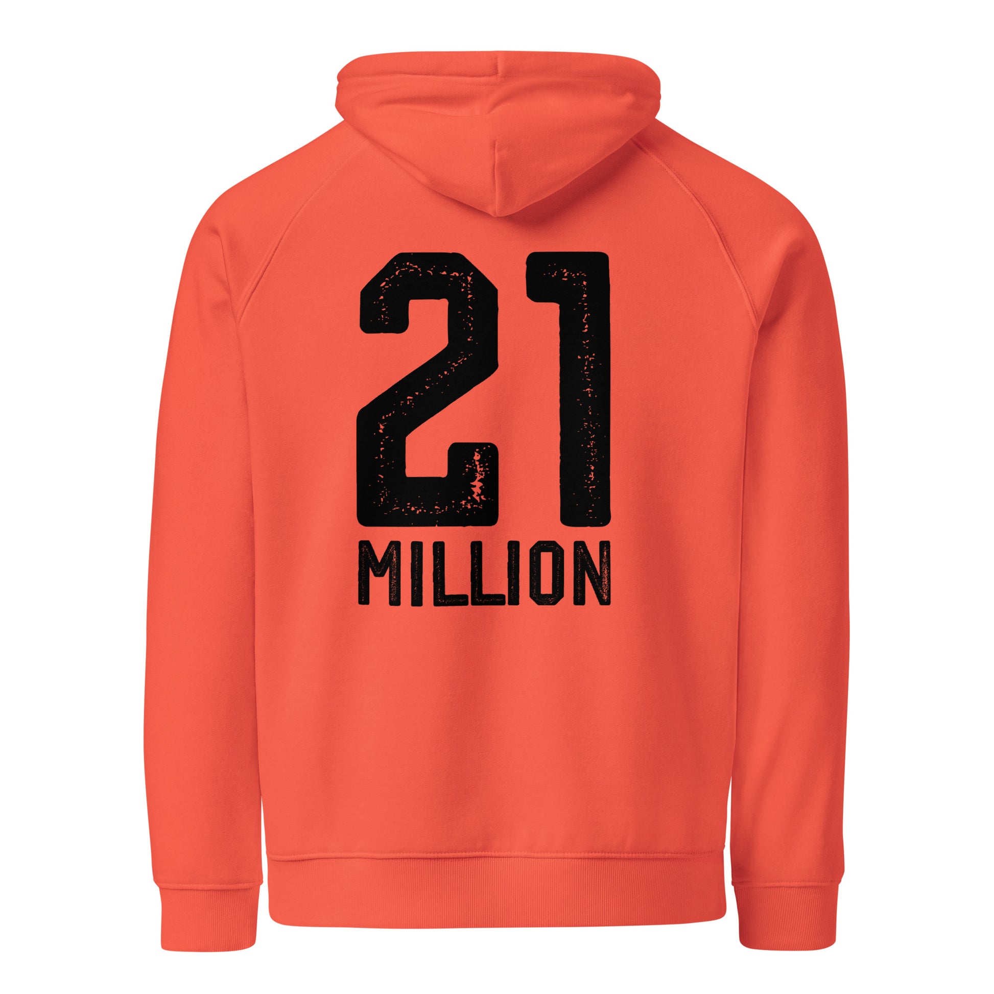 Orange hoodie with '21 Million' printed on the back against a white background
