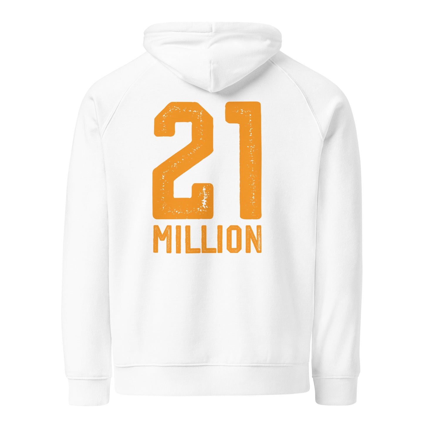 White hoodie with '21 Million' printed in orange on the back against a white background