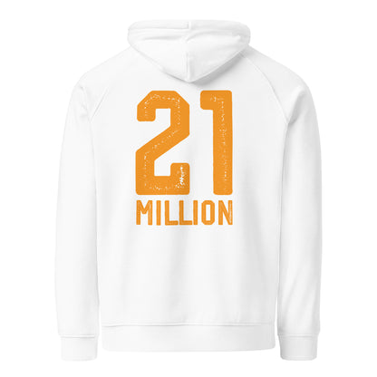 White hoodie with '21 Million' printed in orange on the back against a white background