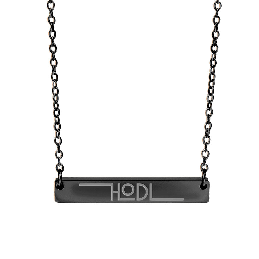 Black necklace with a rectangular pendant displaying 'HODL' on a white background