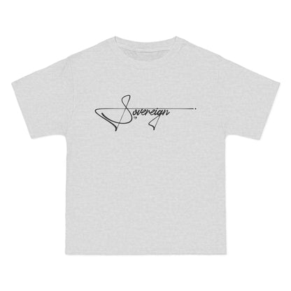 Gray t-shirt with 'Sovereign' logo on a white background