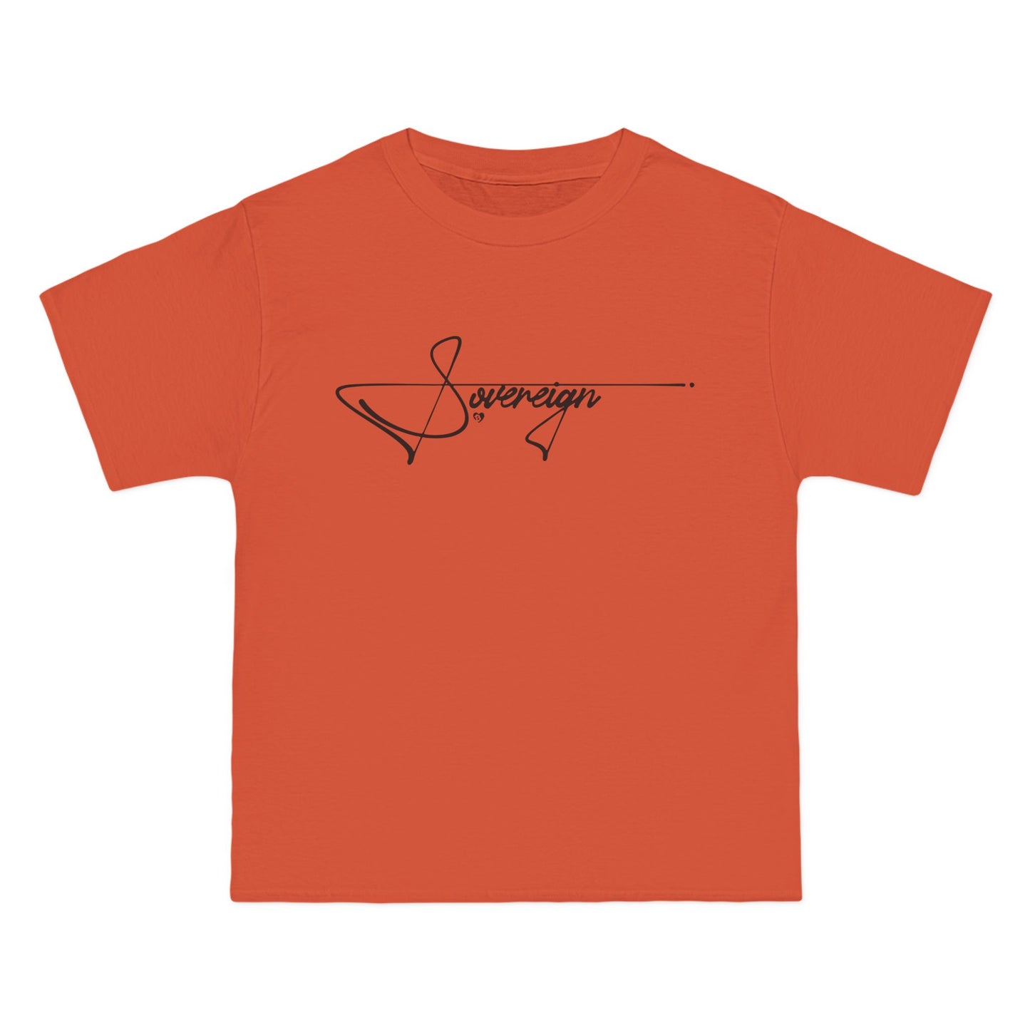 Orange t-shirt with 'Sovereign' logo on a white background