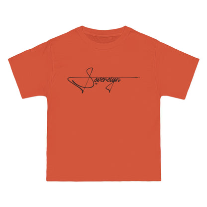 Orange t-shirt with 'Sovereign' logo on a white background