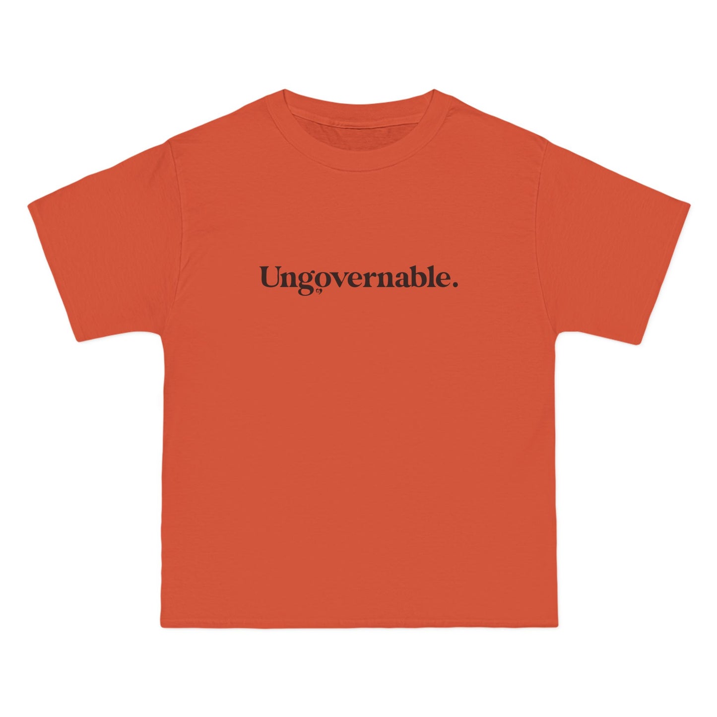 Orange t-shirt with 'Ungovernable.' text on a white background