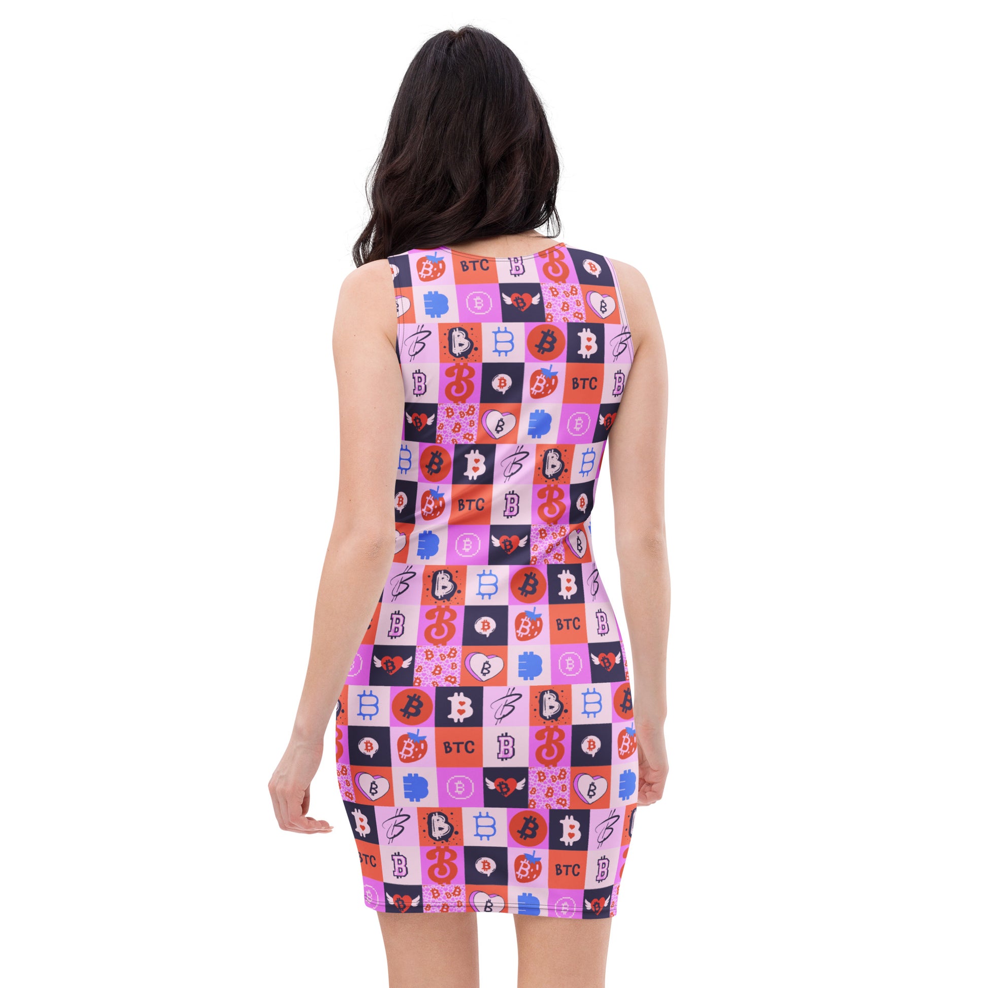 Woman wearing a sleeveless dress with colorful bitcoin pattern on a white background