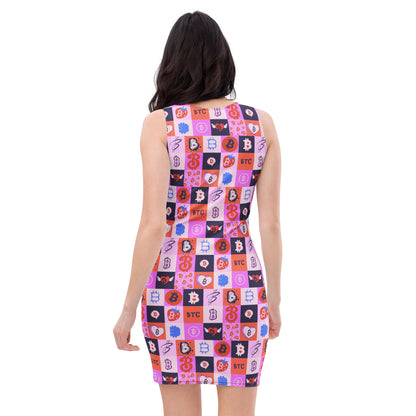 Woman wearing a sleeveless dress with colorful bitcoin pattern on a white background