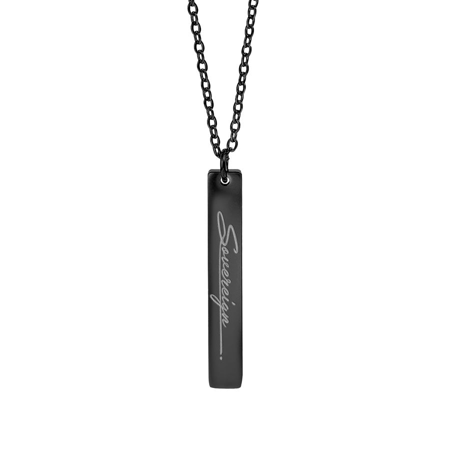 Black pendant necklace with engraved sovereign text on a white background