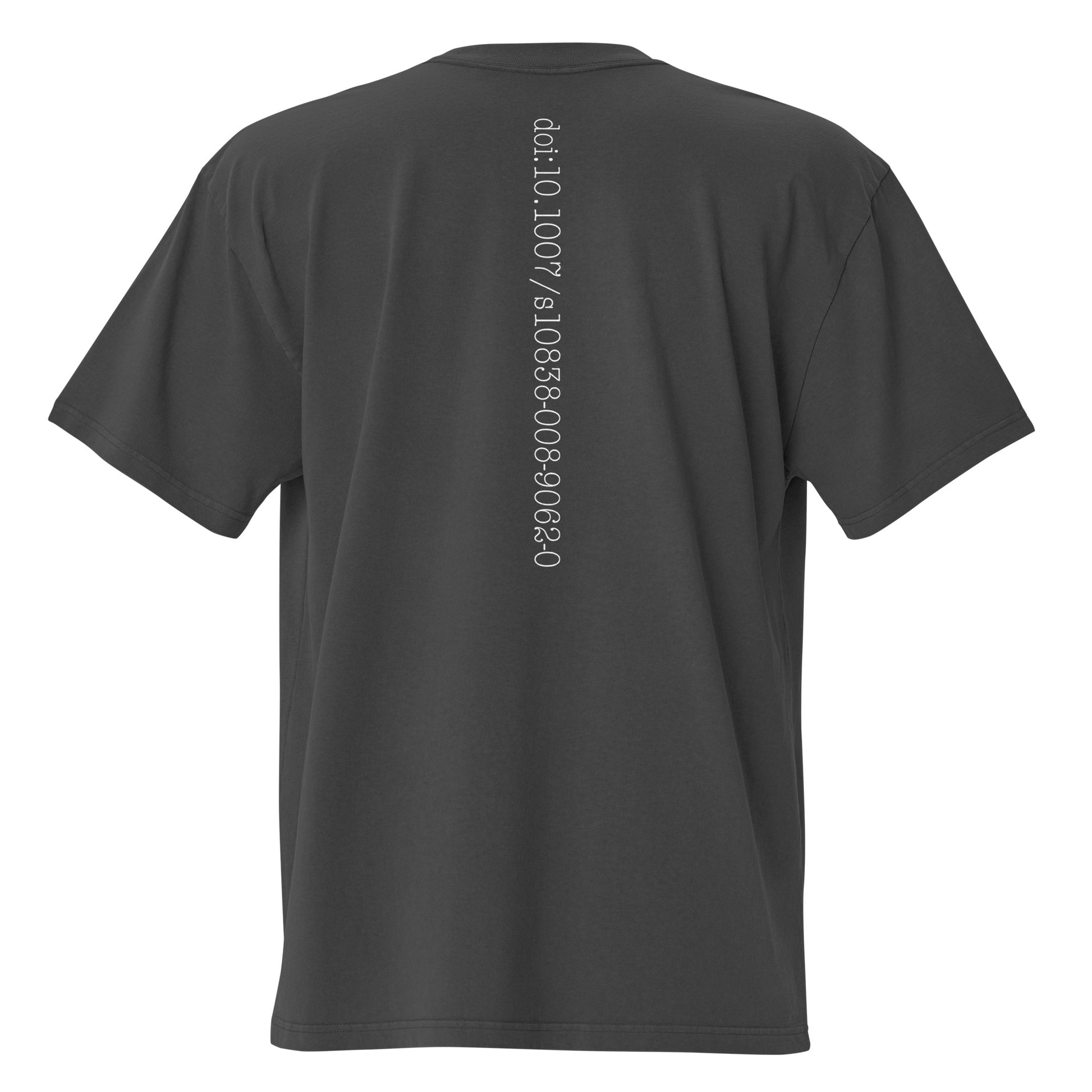 Black t-shirt with bitcoin whitepaper doi text on the back on a white background