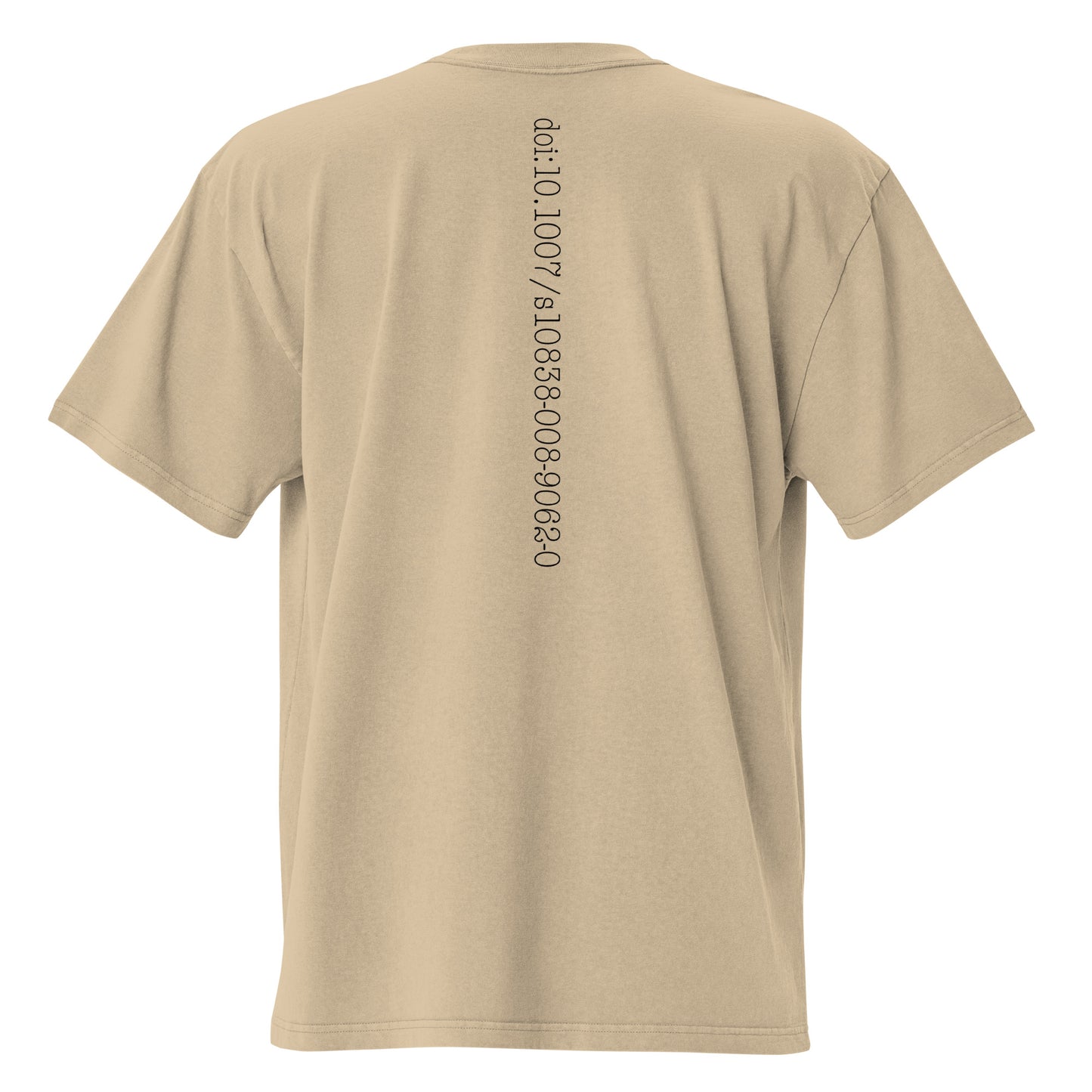 Beige t-shirt with bitcoin whitepaper doi text on the back on a white background