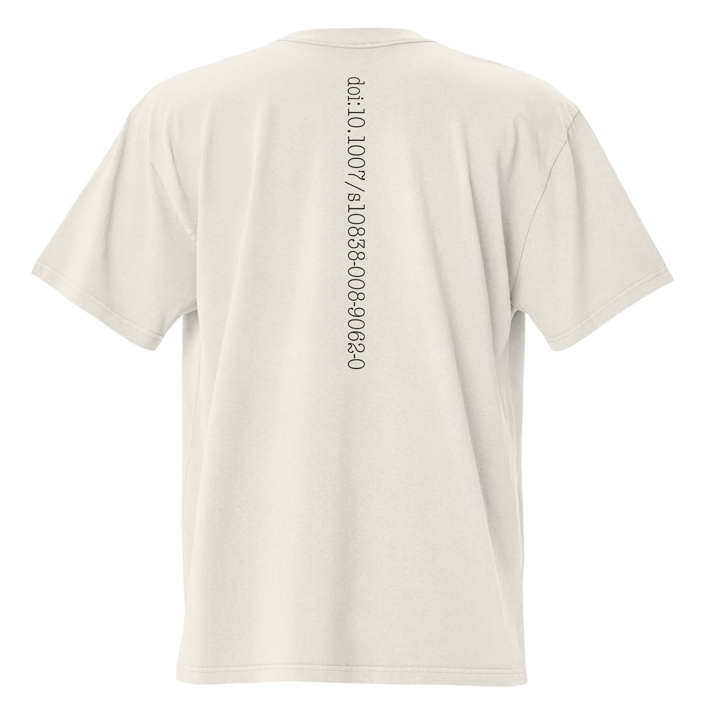 White t-shirt with bitcoin whitepaper doi text on the back on a white background