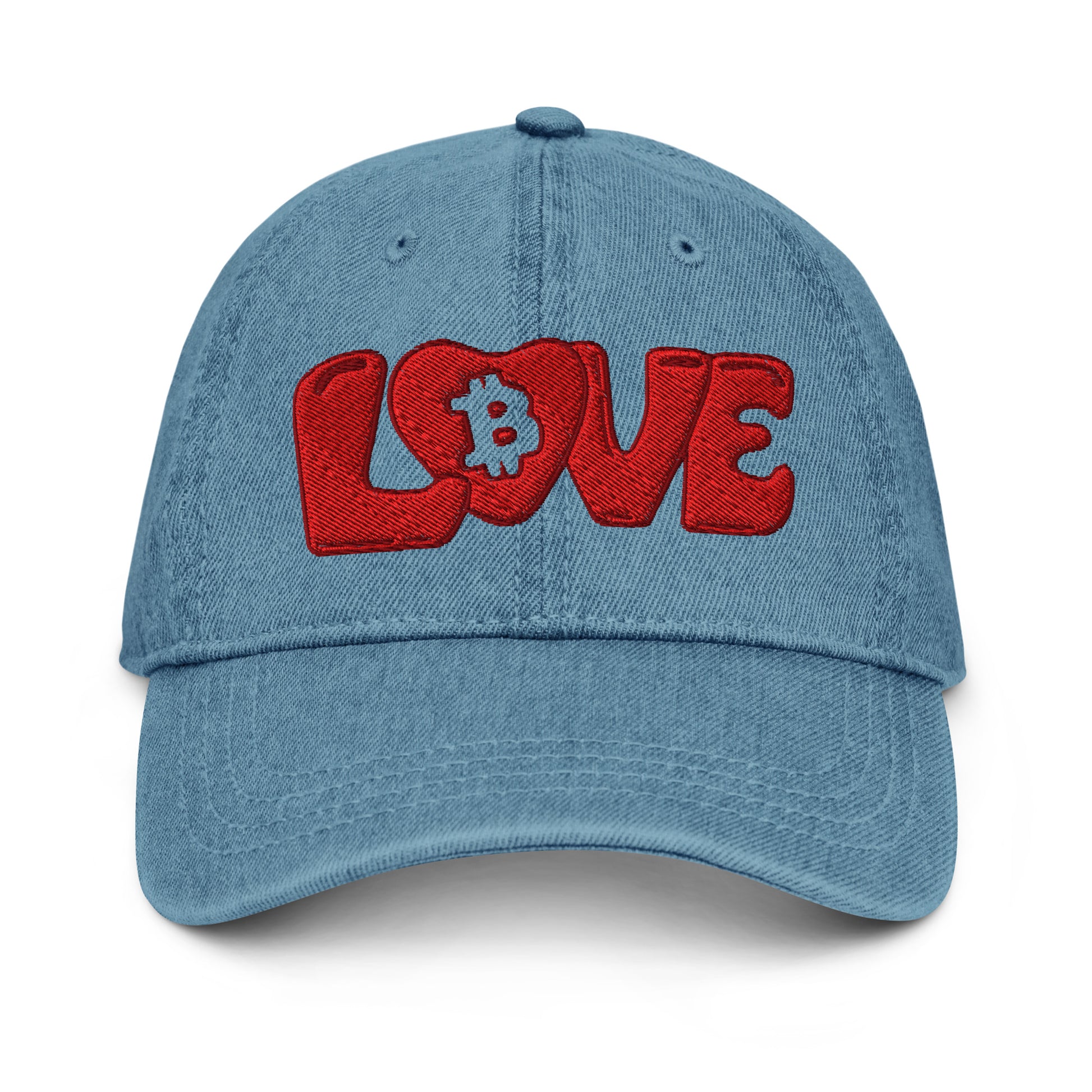 Blue denim cap with red 'LOVE' text and Bitcoin symbol on a white background