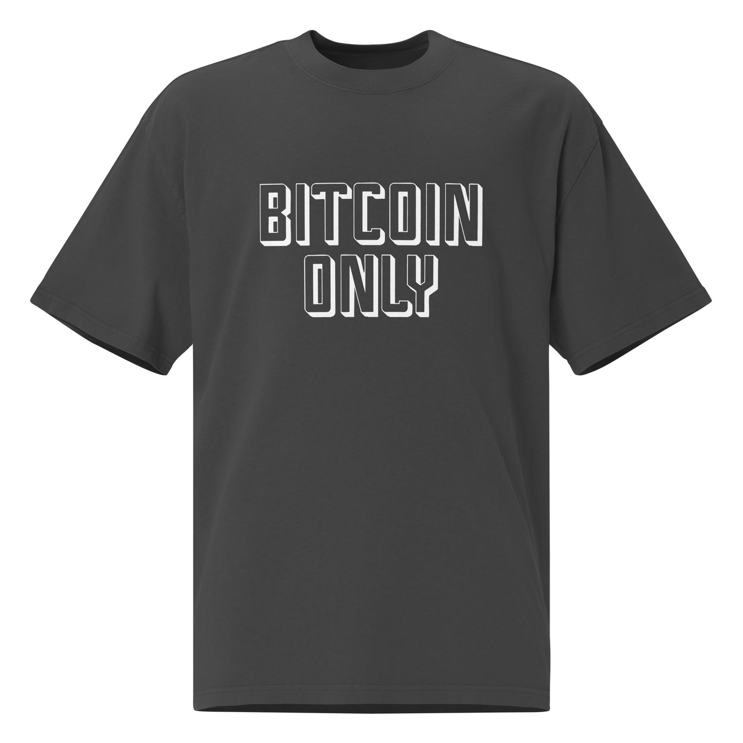 Black t-shirt with 'BITCOIN ONLY' text on a white background