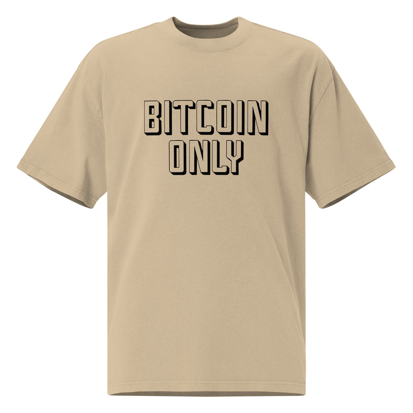 Beige t-shirt with 'BITCOIN ONLY' text on a white background