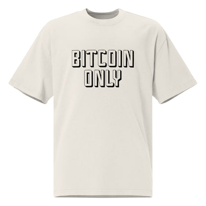 White t-shirt with 'BITCOIN ONLY' text on a white background