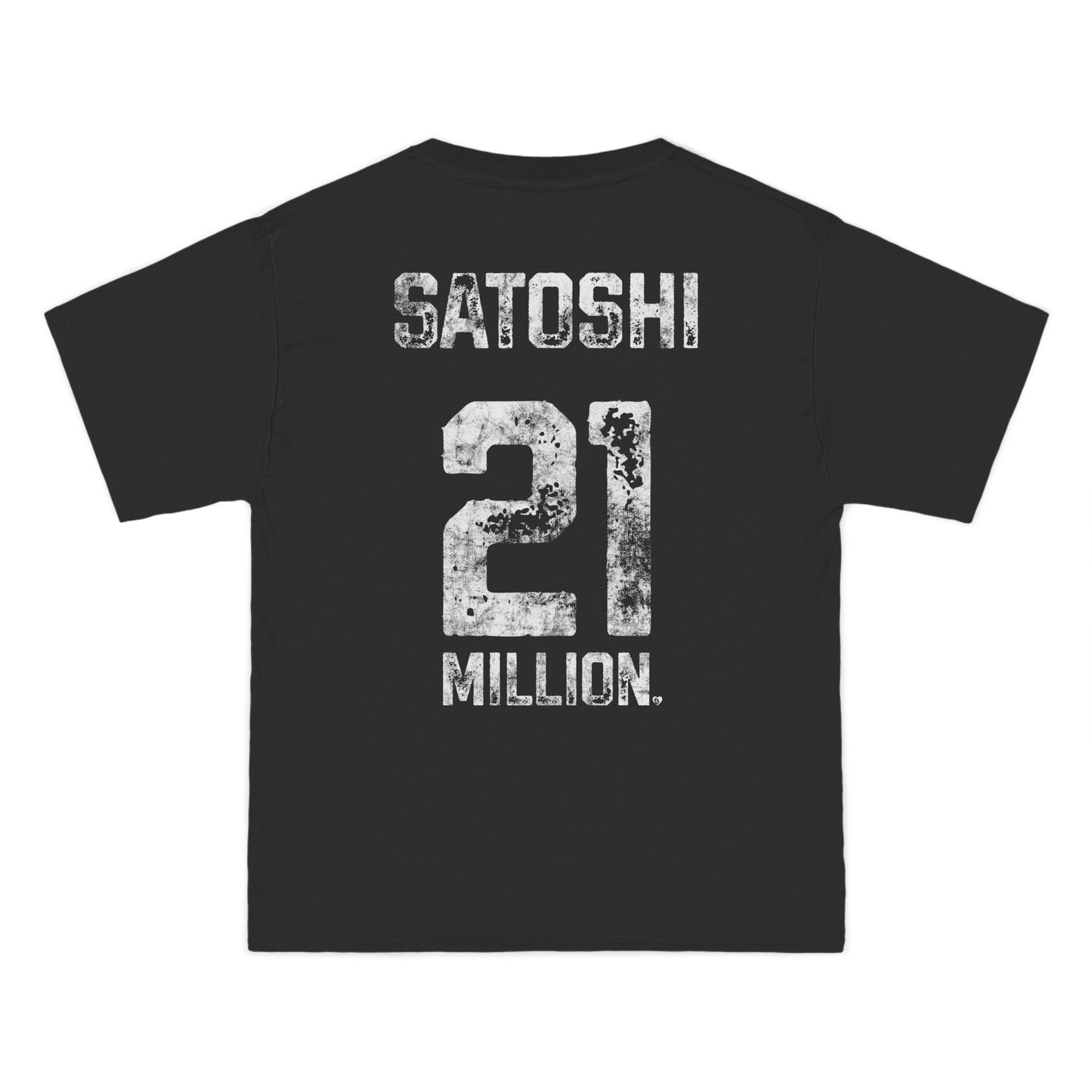 Black t-shirt with 'Satoshi 21 Million' text on a white background