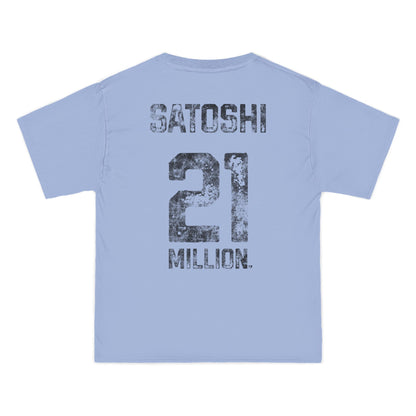 Light blue t-shirt with 'Satoshi 21 Million' text on a white background