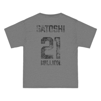 Gray t-shirt with 'Satoshi 21 Million' text on a white background