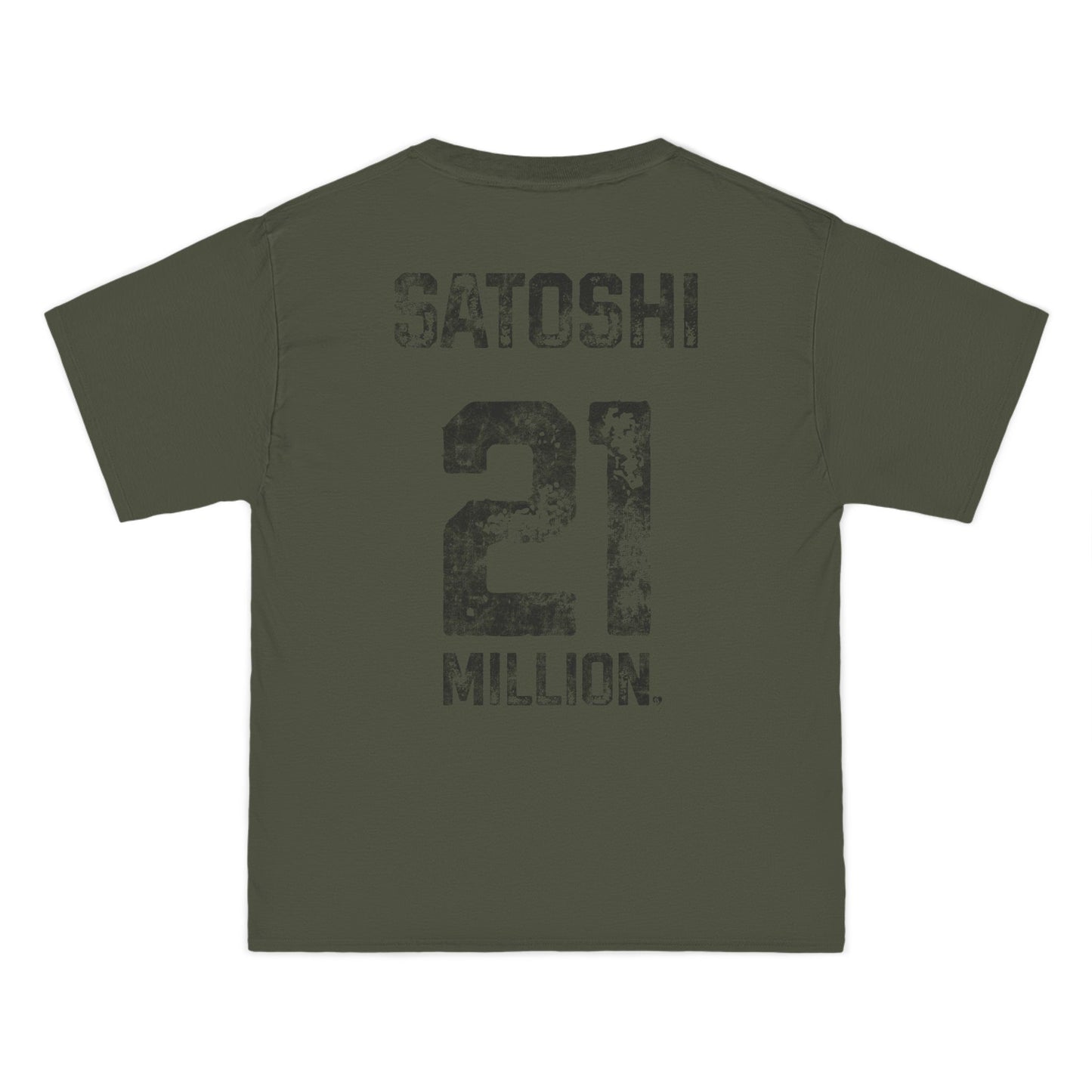 Green t-shirt with 'Satoshi 21 Million' text on a white background