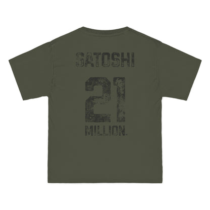 Green t-shirt with 'Satoshi 21 Million' text on a white background
