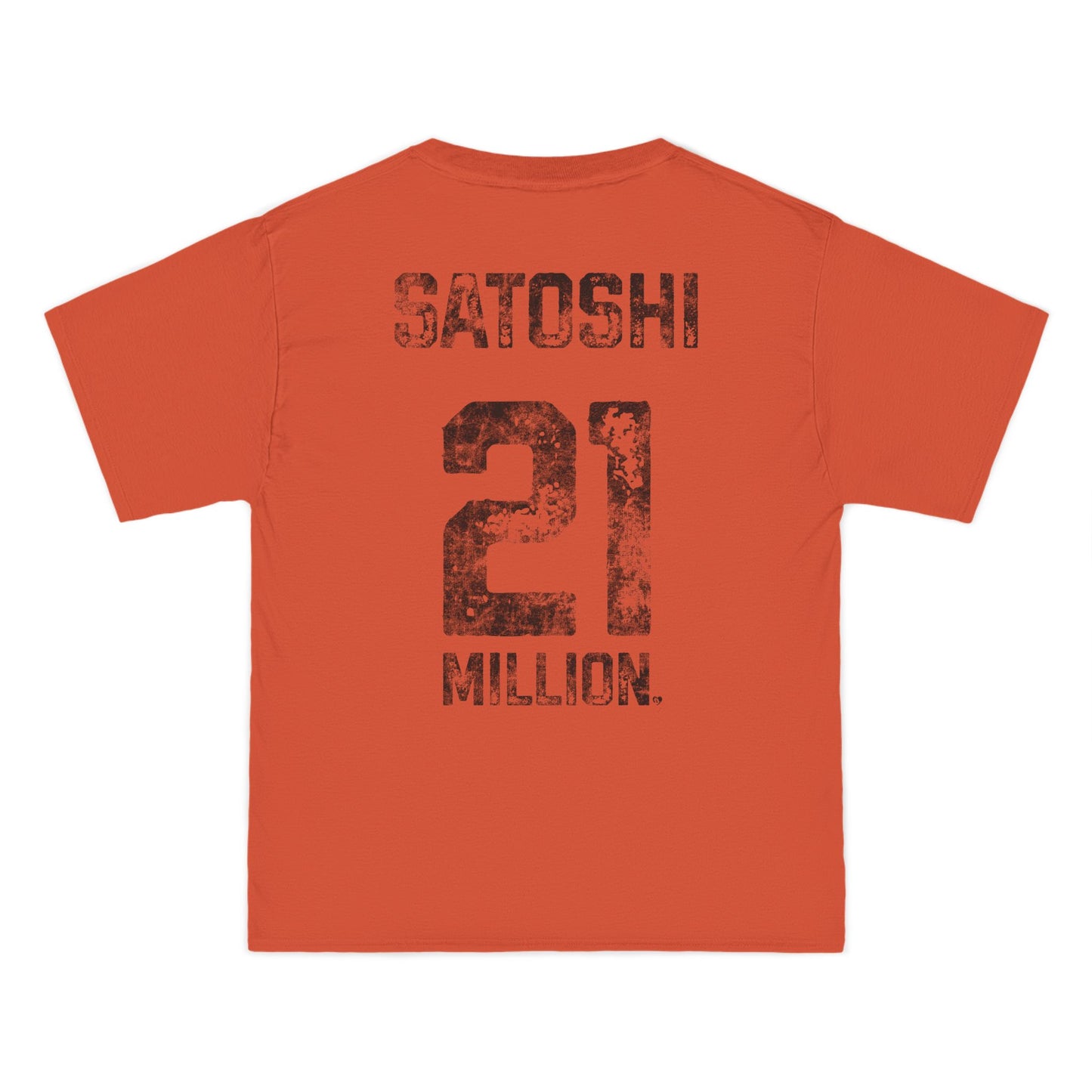 Orange t-shirt with 'Satoshi 21 Million' text on a white background