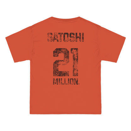 Orange t-shirt with 'Satoshi 21 Million' text on a white background