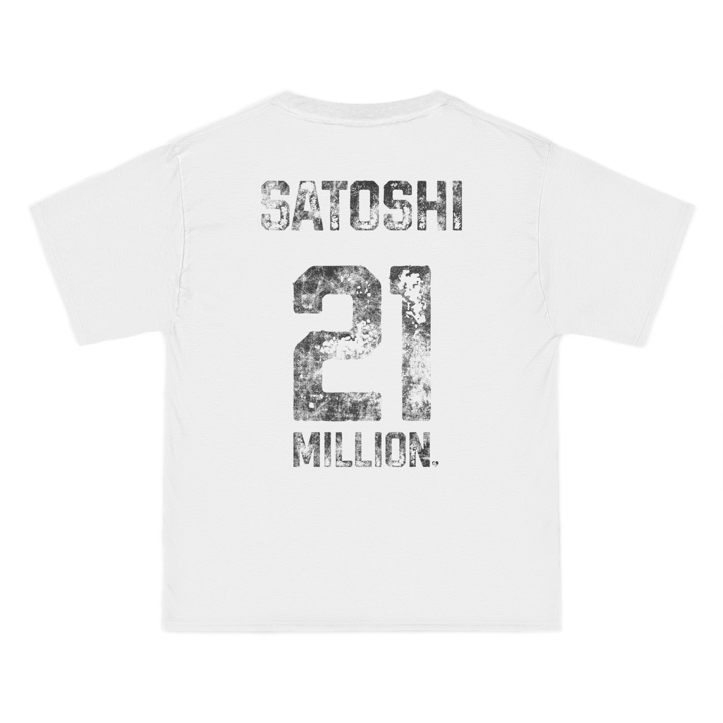 White t-shirt with 'Satoshi 21 Million' text on a white background