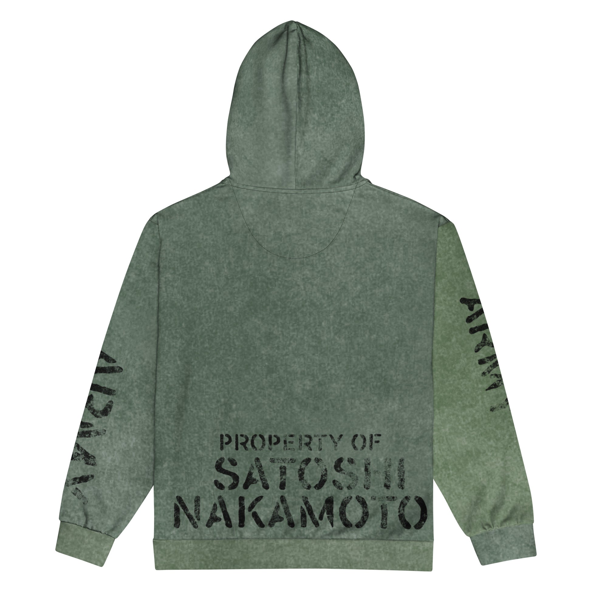 Green hoodie with 'Property of Satoshi Nakamoto' text on a white background