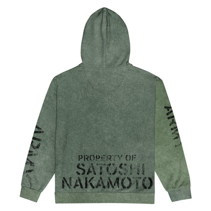 Green hoodie with 'Property of Satoshi Nakamoto' text on a white background