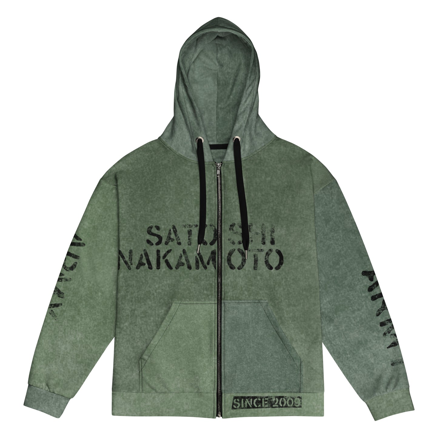 Green hoodie with satoshi nakamoto army text on a white background