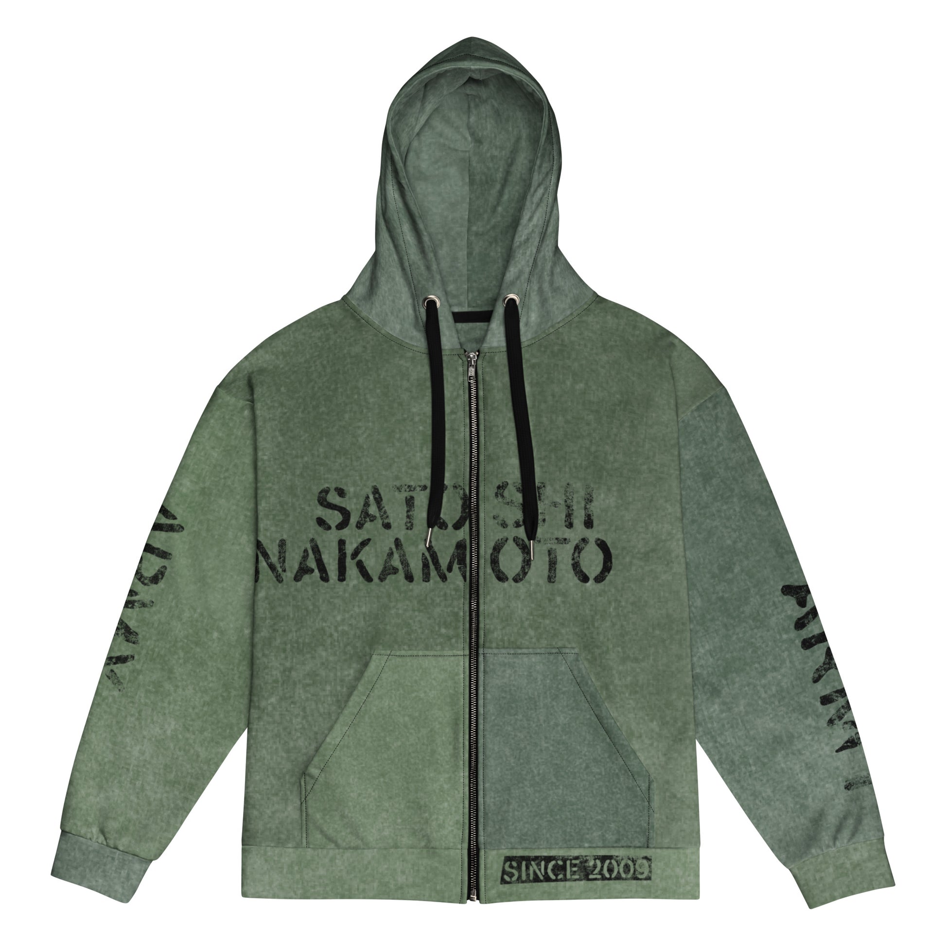Green hoodie with satoshi nakamoto army text on a white background
