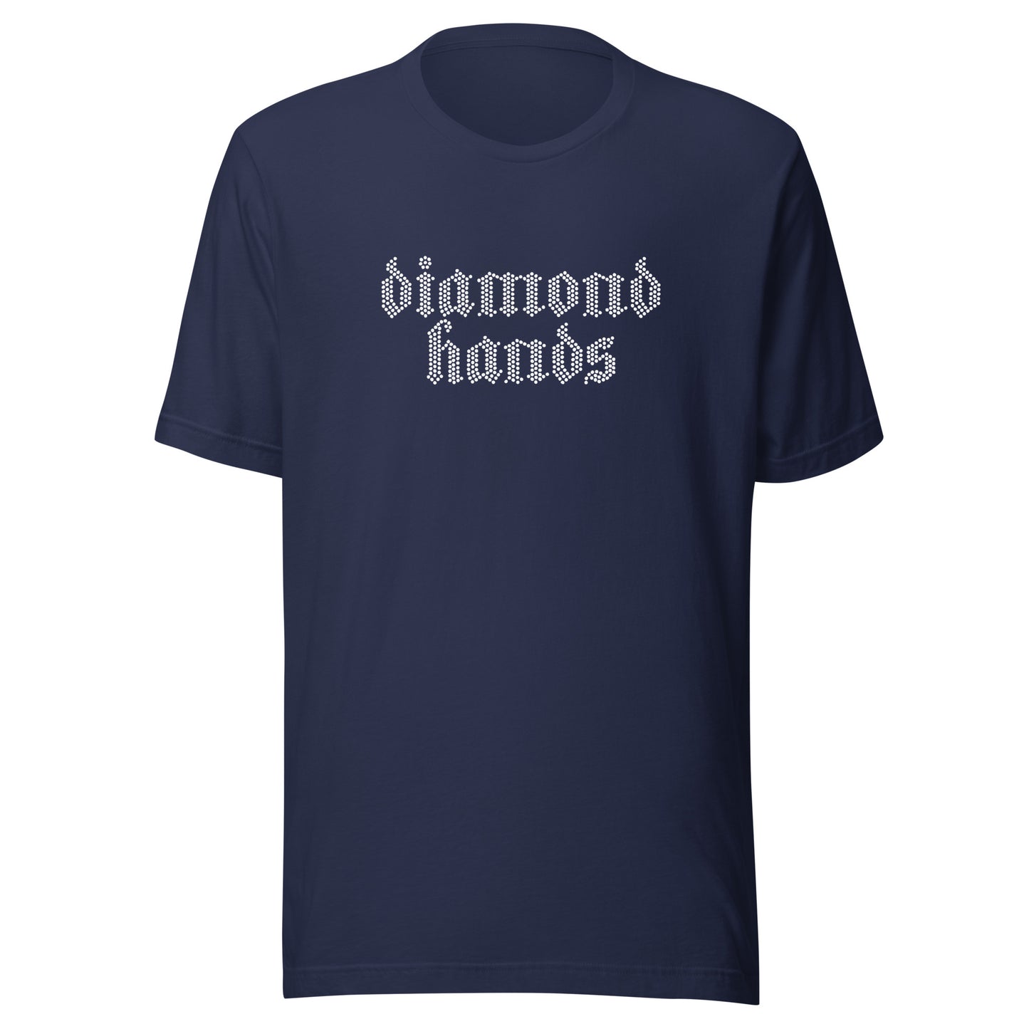 Navy blue t-shirt with 'diamond hands' text on a white background