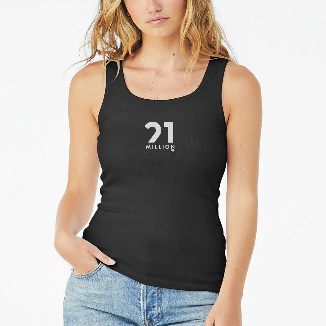 Black tank top with '21 MILLION' text worn by a person on a white background