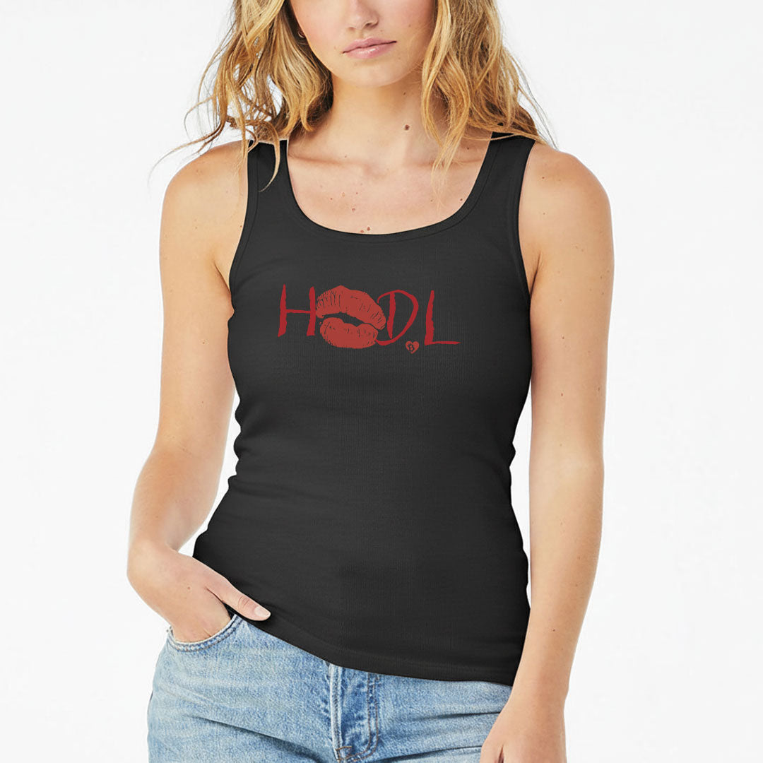 Person wearing a black tank top with 'HODL' and lipstick design on a white background