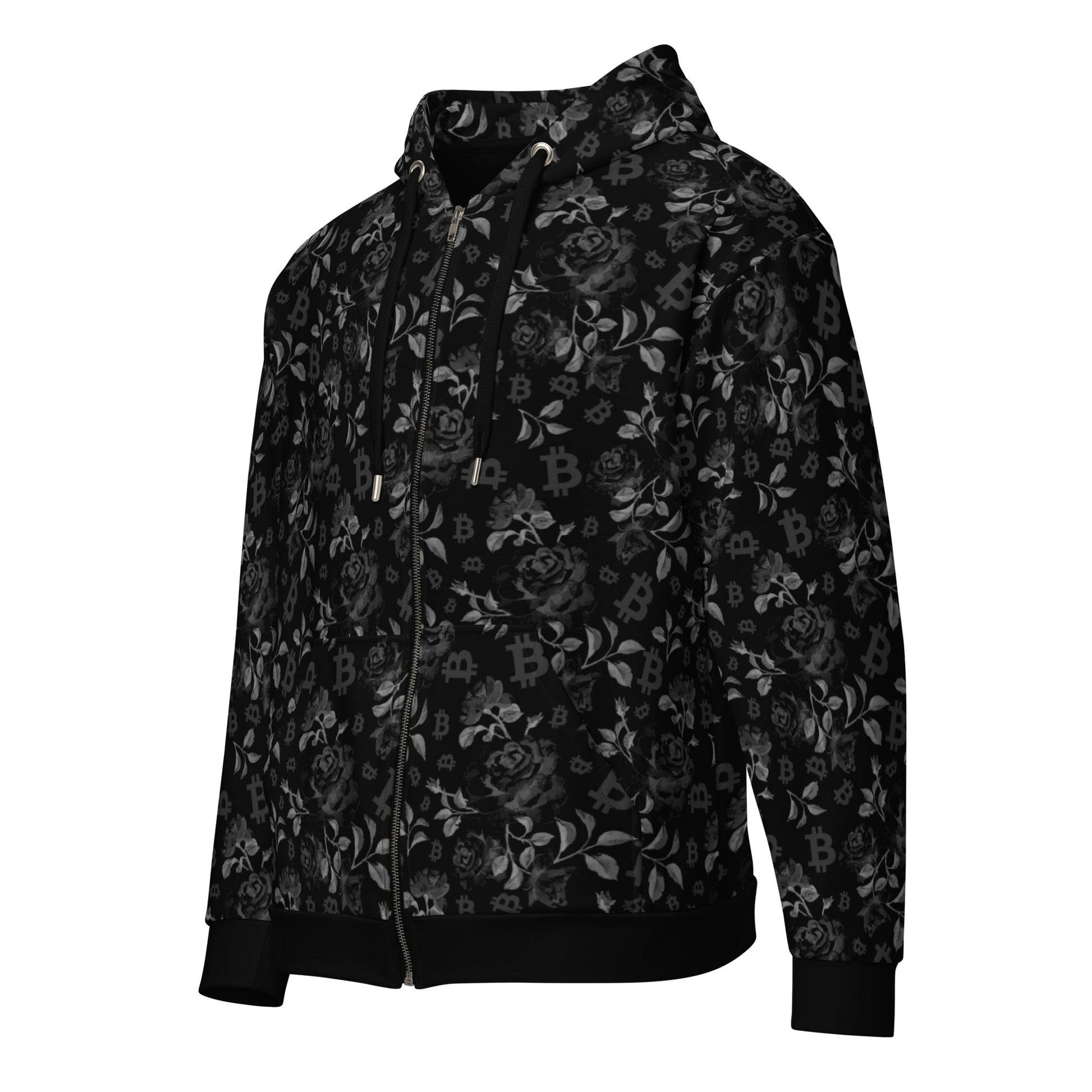 Black floral patterned bitcoin hoodie on a white background