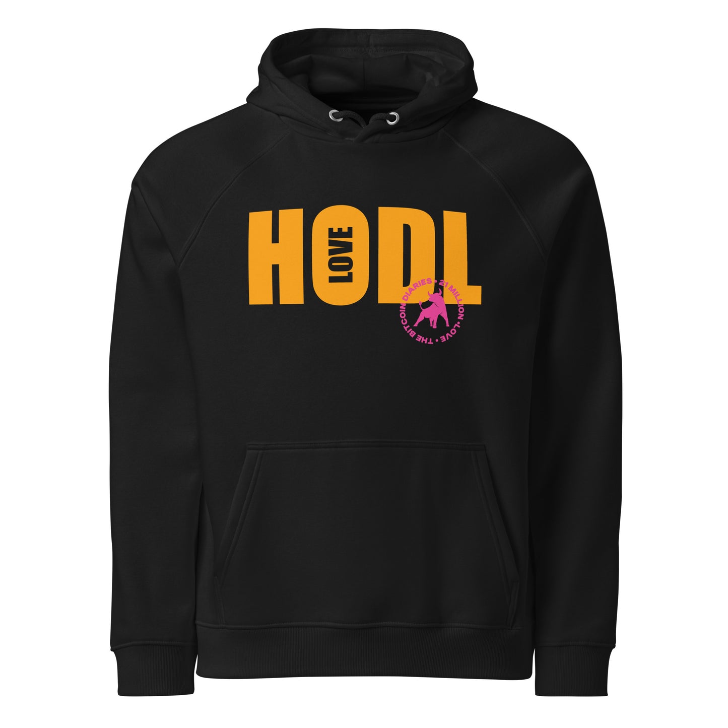 Black hoodie with 'HODL LOVE' text on a white background