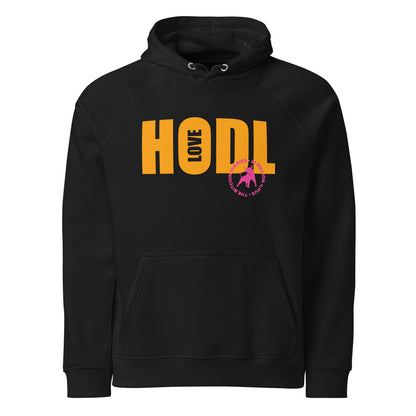 Black hoodie with 'HODL LOVE' text on a white background