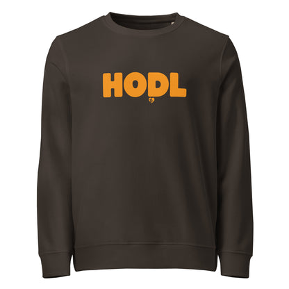 Brown sweatshirt with 'HODL' printed in orange on a white background