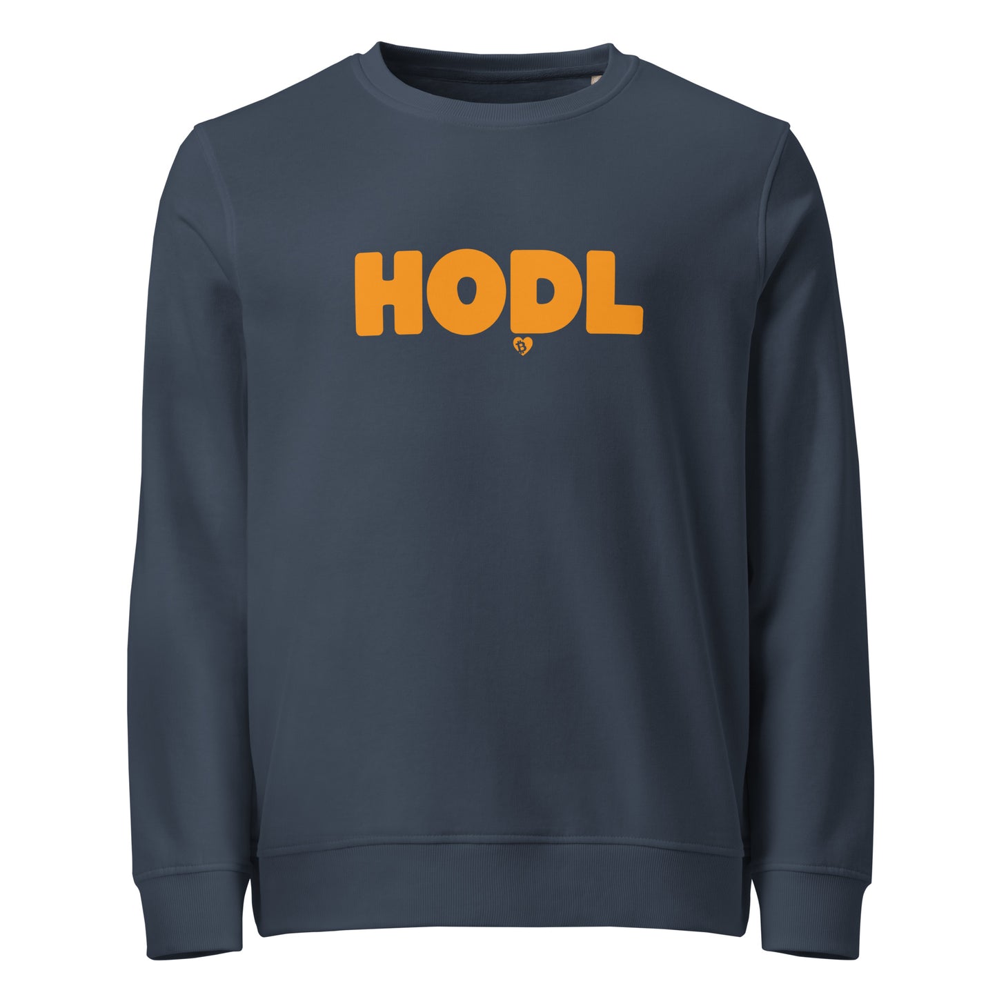 Navy blue sweatshirt with 'HODL' in orange on a white background